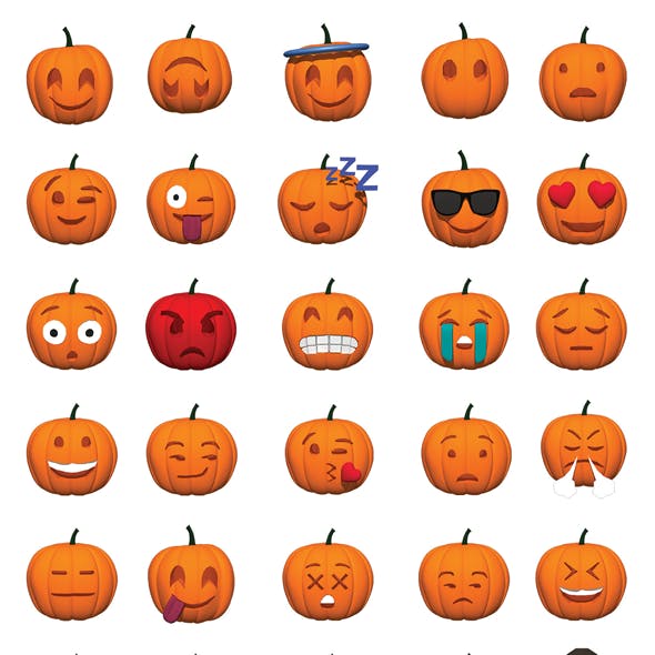 Pumpkin Smiley Set of 30 Expressions for Halloween (2D and 3D)